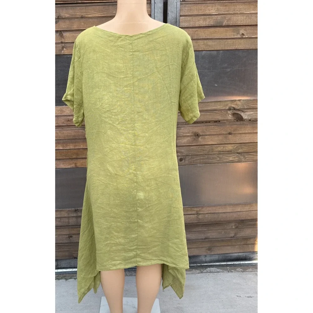 Made in Italy Linen Lagenlook Tunic Dress Chartreuse Asymmetrical Ruched Yellow